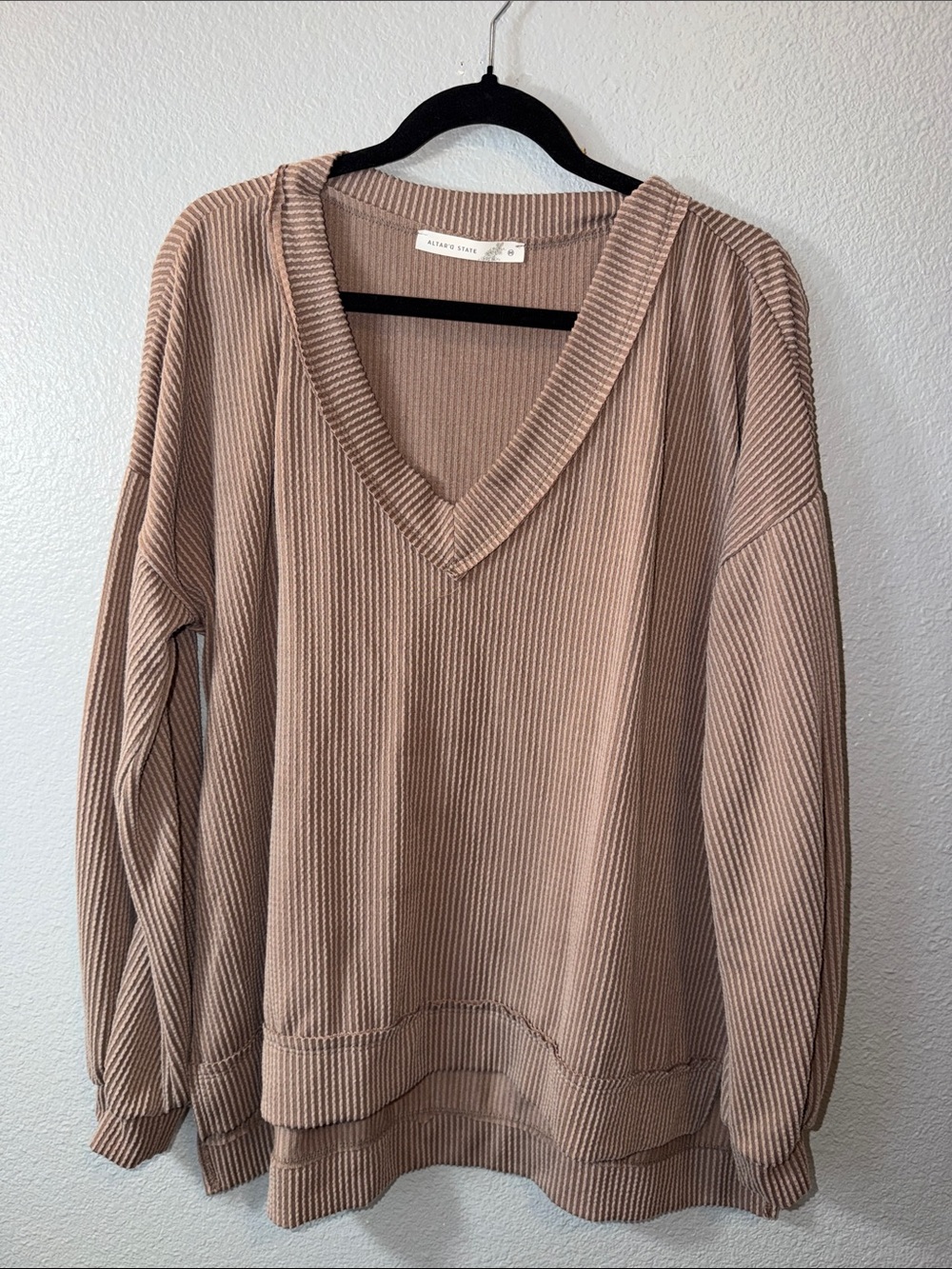 Altared State Oversized Taupe V-Neck Ribbed Sweater